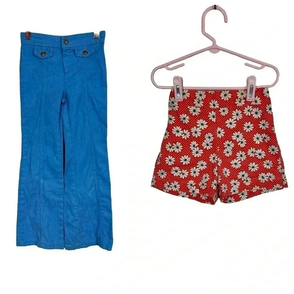 True Vintage 70s 2Pc:Luv It High Waist Bell Bottom Jeans+Health-tex Daisy Shorts - Picture 1 of 10